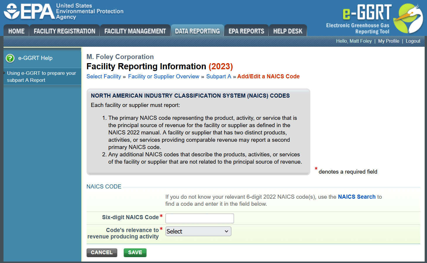 Facility Reporting Information Page - Add/Edit a NAICS Code